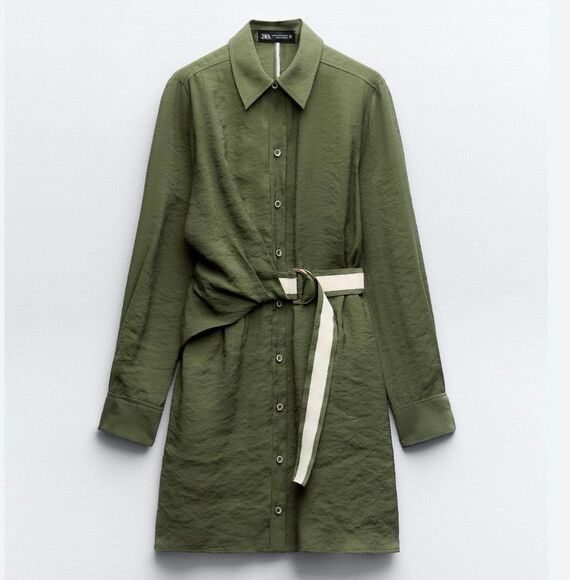 Zara Belted Mini Shirt Dress Size Large in Green Blogger Favorite Long Sleeve - Picture 1 of 9
